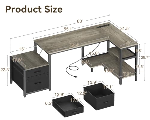 Rustic Brown L Shaped Desk with Drawers & File Cabinet R592