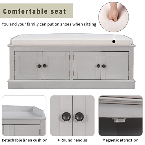 White 4 Door Storage Bench with Adjustable Shelves and Removable Seat Cushion P594434