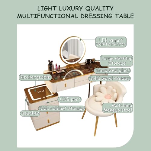 Vanity Mirror with Lights and Desk, Round 3-Colors Lights, with Cushioned Stool, with 2 Drawers and Storage Shelves, Glass Table Top Y830916