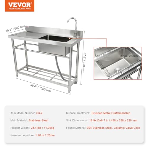 Stainless Steel Utility Sink, 1 Compartment Free Standing Small Sink with Workbench Faucet and Legs, 39.4 x 19.1 x 37.4 in Commercial Single Bowl Sink T22652