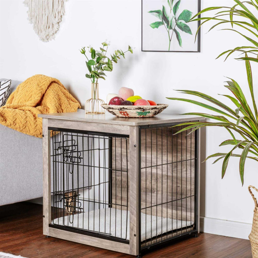 Dog Crate Furniture with Cushion Wooden Dog Crate with Double Doors O60084