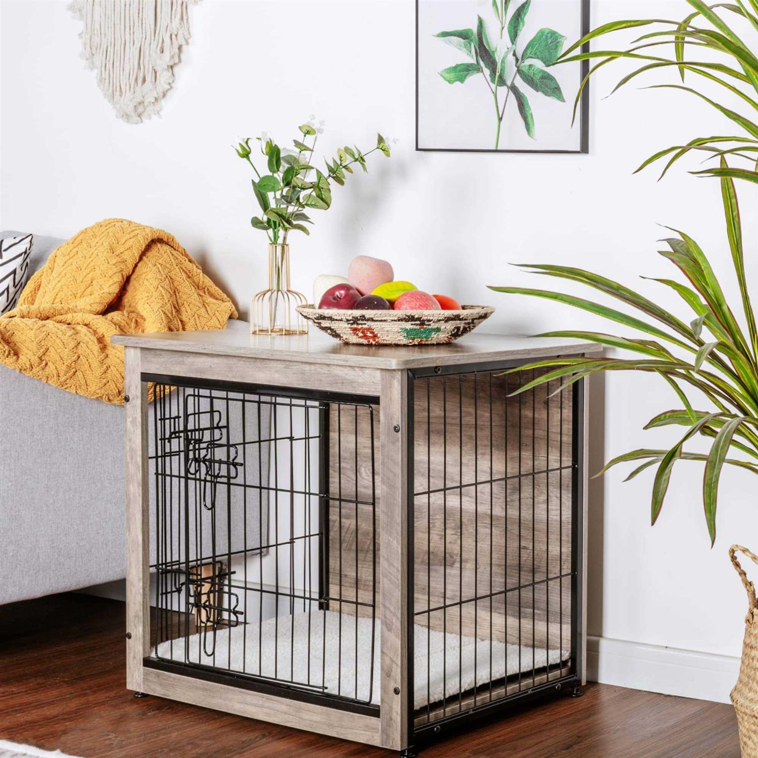 Dog Crate Furniture with Cushion Wooden Dog Crate with Double Doors O60084