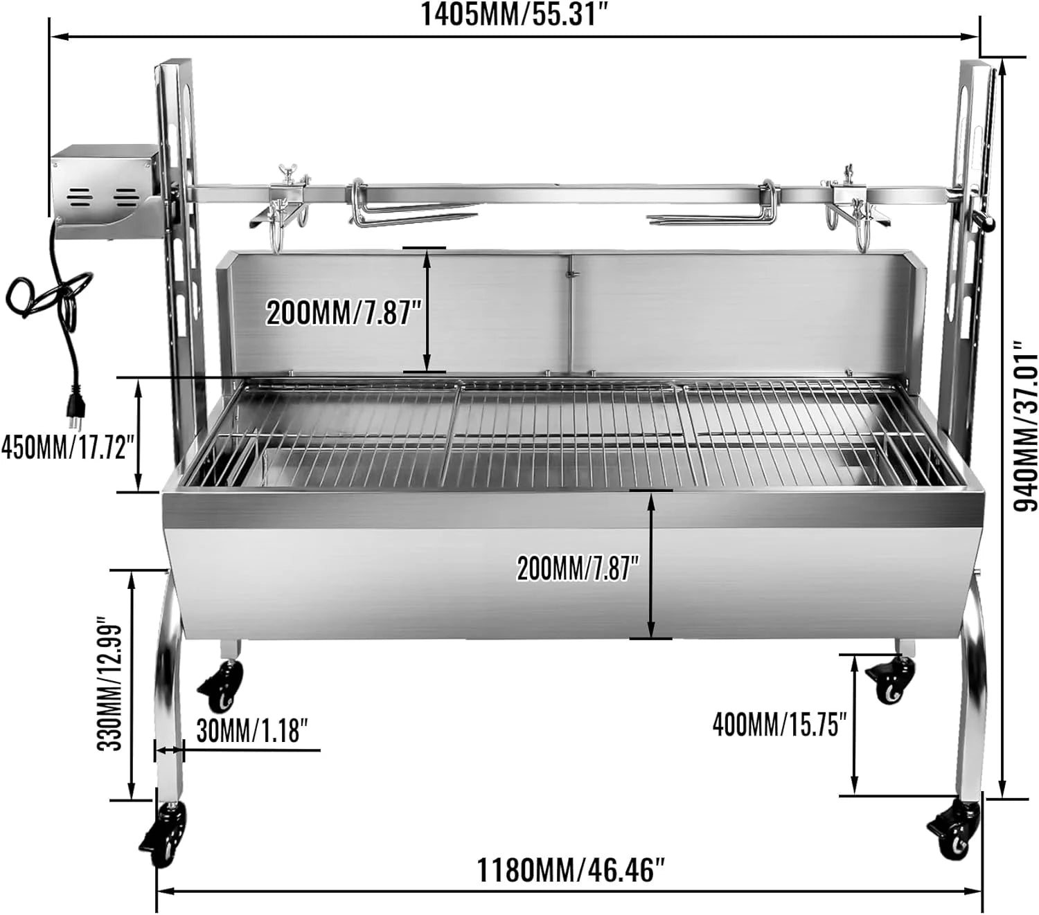 Stainless Steel Rotisserie Grill with Back Cover Guard, 25W Motor, 37'' 2 in 1 BBQ Charcoal Rotisserie Grill E78557