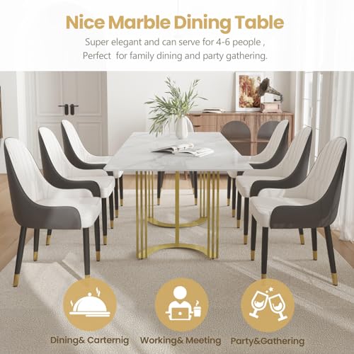63" White Marble Dining Table with Gold Trestle Pedestal R774533