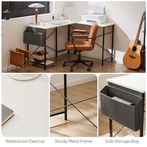 Black L Shaped Computer Desk with Wooden Desktop CPU Stand Side Bag G419799