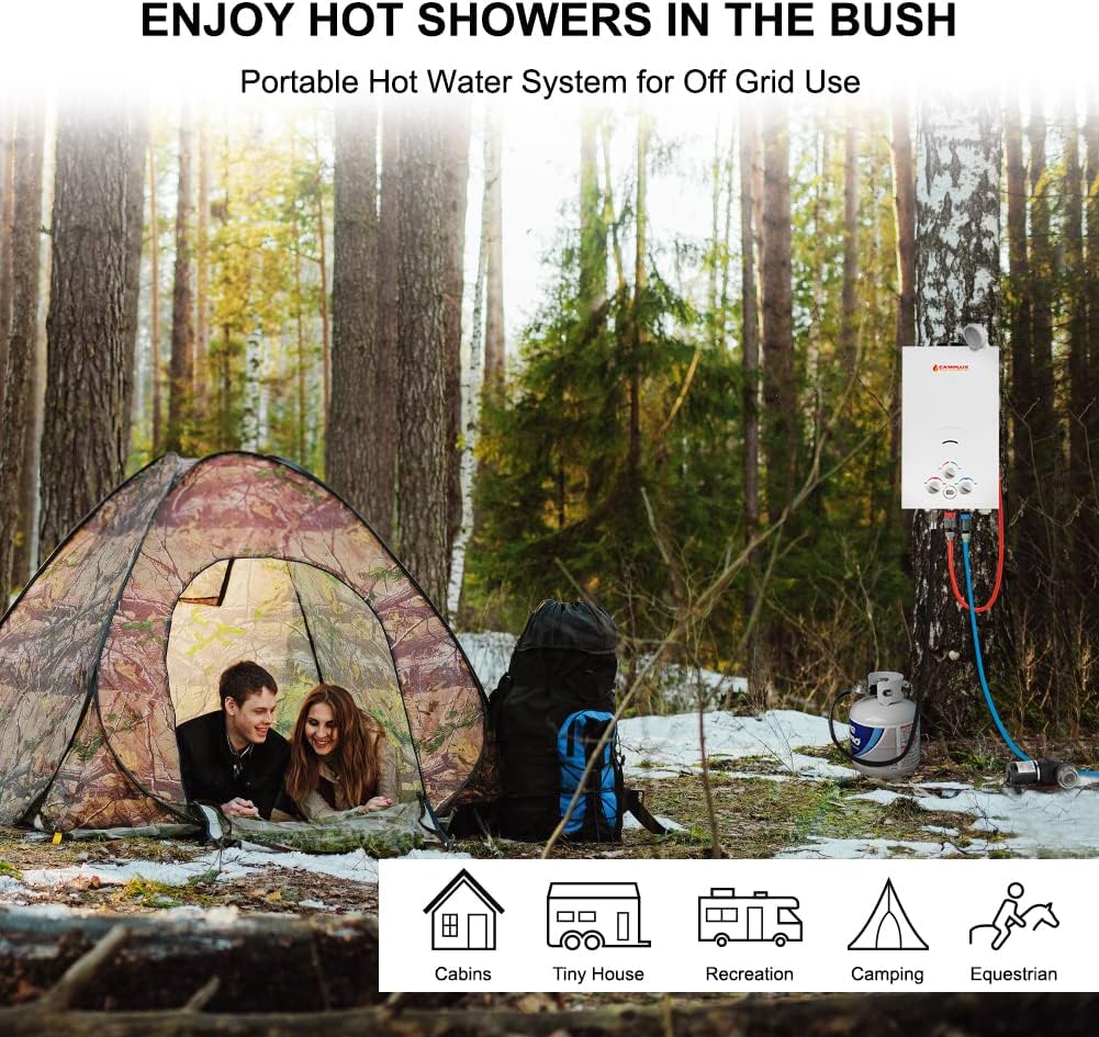 Camplux Propane Portable Tankless Water Heater Outdoor 2.64 GPM Instant Hot Camping Showers with 3.3 GPM Water Pump & Pipe Strainer K456