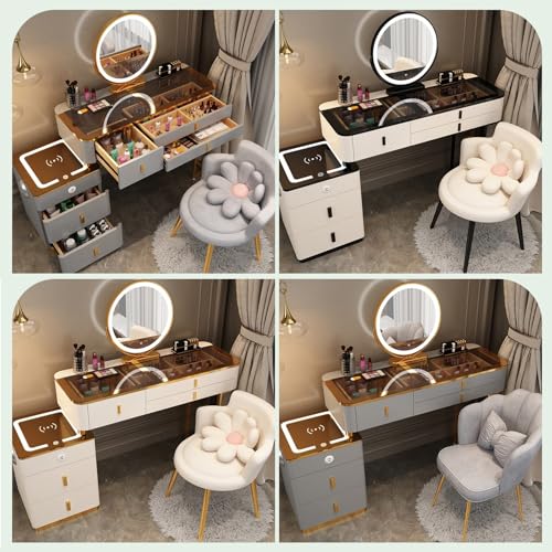 Vanity Mirror with Lights and Desk, Round 3-Colors Lights, with Cushioned Stool, with 2 Drawers and Storage Shelves, Glass Table Top Y830916