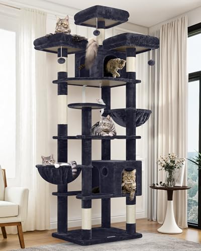 82-inch XXL Tall Cat Tree with Scratching Post, 3 Perches, 2 Condos, 2 Hanging Baskets, Light Grey O3725
