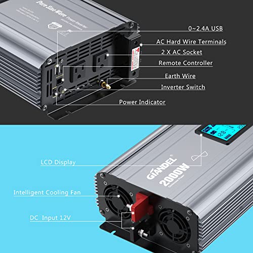 2000W Pure Sine Wave Power Inverter DC 12V to AC 120V with LCD Display K110002