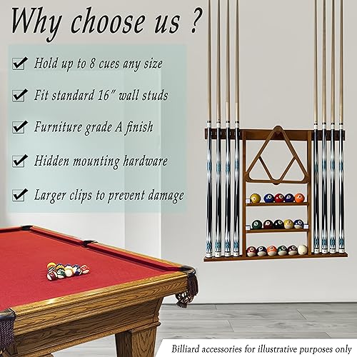 Wall Mount Pool Cue Stick Holder Hold 8 Cues Solid Wood Mahogany X594788