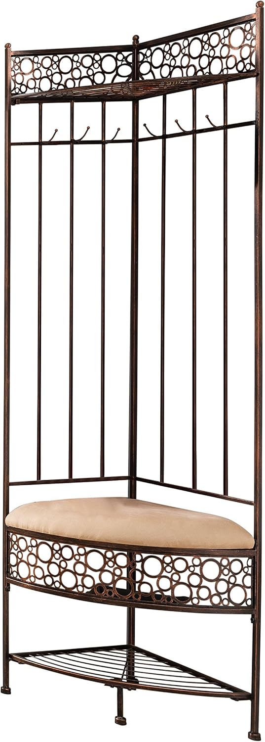 6-Hook Corner Hall Tree Storage Bench with Coat Rack, Brushed Copper O474