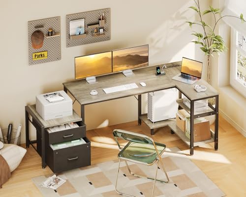 Rustic Brown L Shaped Desk with Drawers & File Cabinet R592
