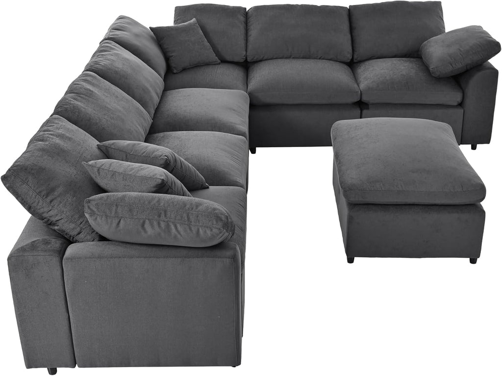 Deep Seat Convertible Modular Sectional Sofa with Movable Ottoman, Oversized Corner Couch with Throw Pillows, 7 Seater Polyester Upholstery Sofa N22971