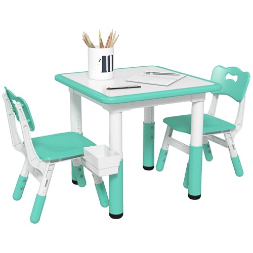 3 Pieces Height Adjustable Kids Table and Chair Set with Storage Green J700357