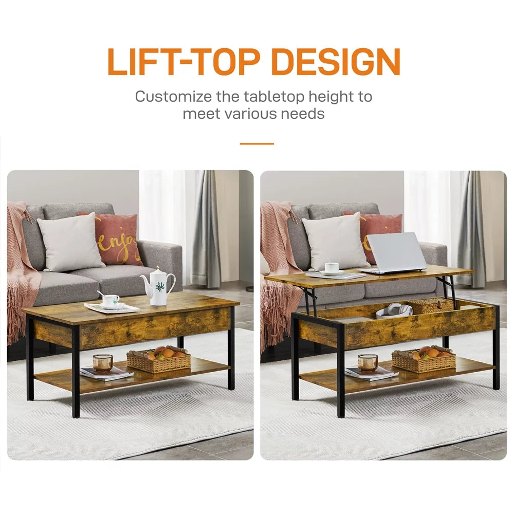 Rustic Brown Wood Lift Top Coffee Table with Hidden Compartment V739
