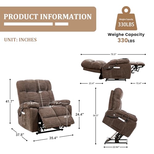 Brown Power Lift Recliner Chair with Massage and Heat, 2 Motors, 3 Positions, USB Charge Ports L7186