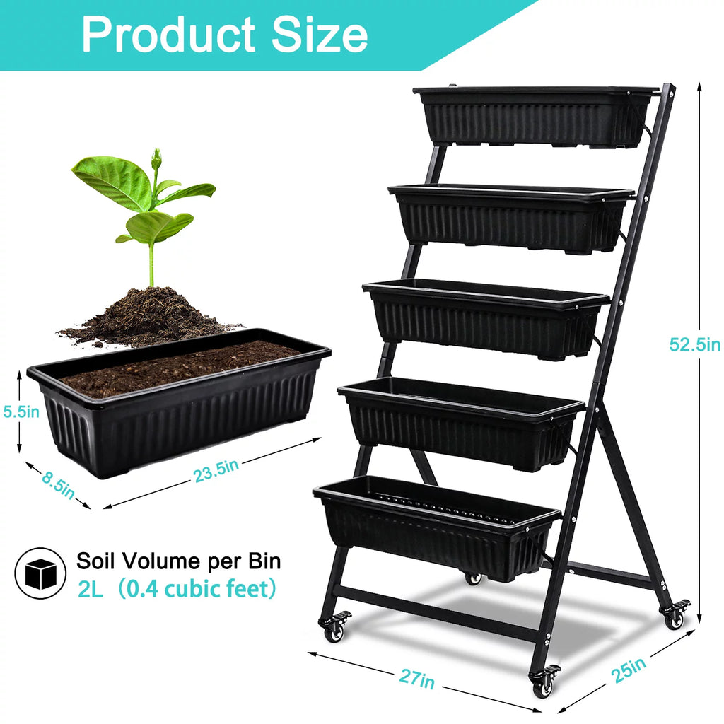 Raised Garden Bed Vertical Garden Freestanding Elevated Planters 5 Container Boxes with Wheels X264