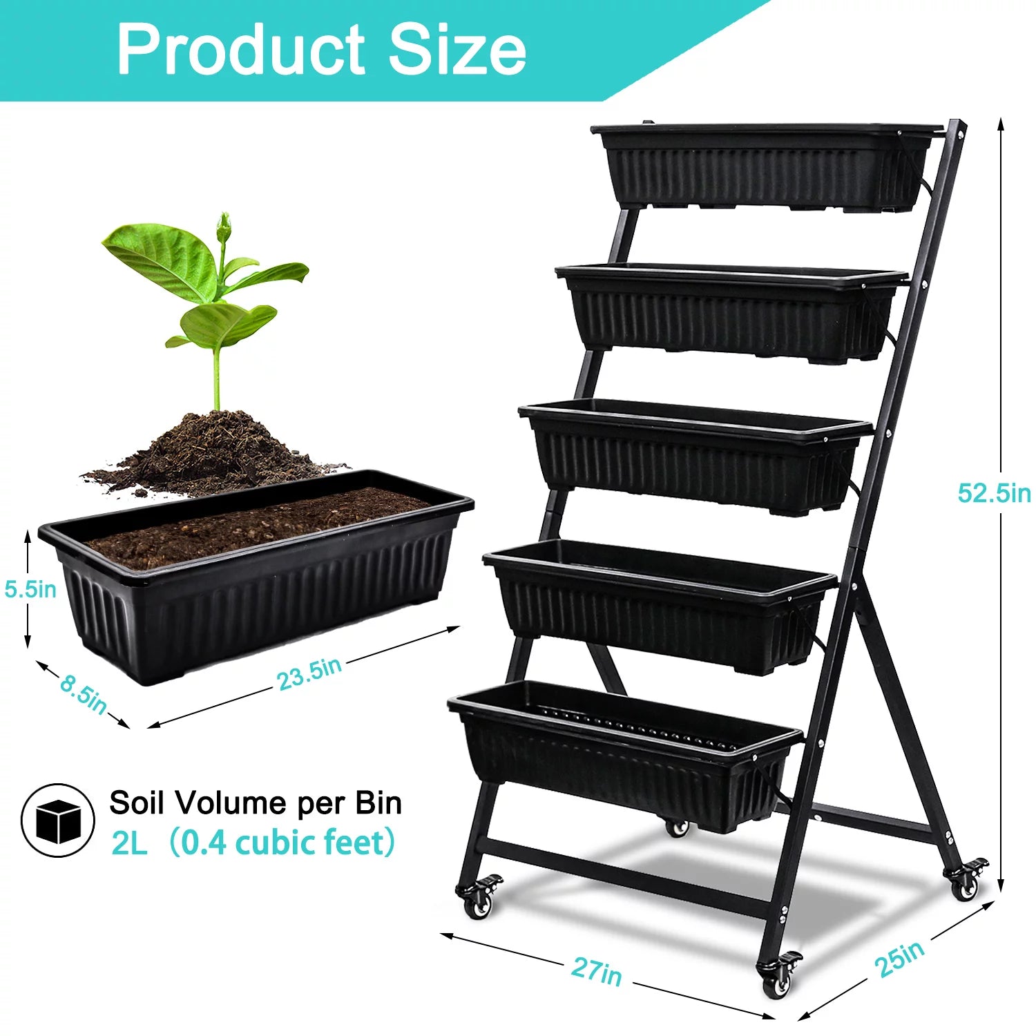 Raised Garden Bed Vertical Garden Freestanding Elevated Planters 5 Container Boxes with Wheels X264