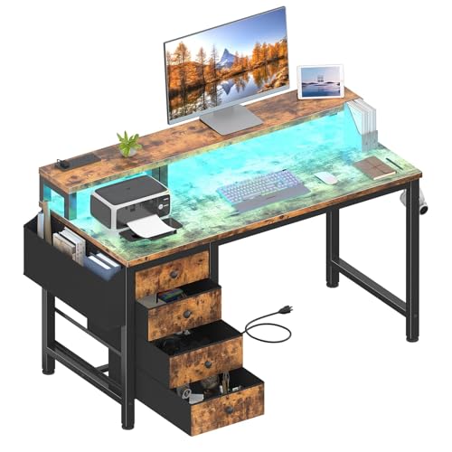 47 inch Gaming Desk with LED Lights and Power Outlets and Fabric Drawers B5782