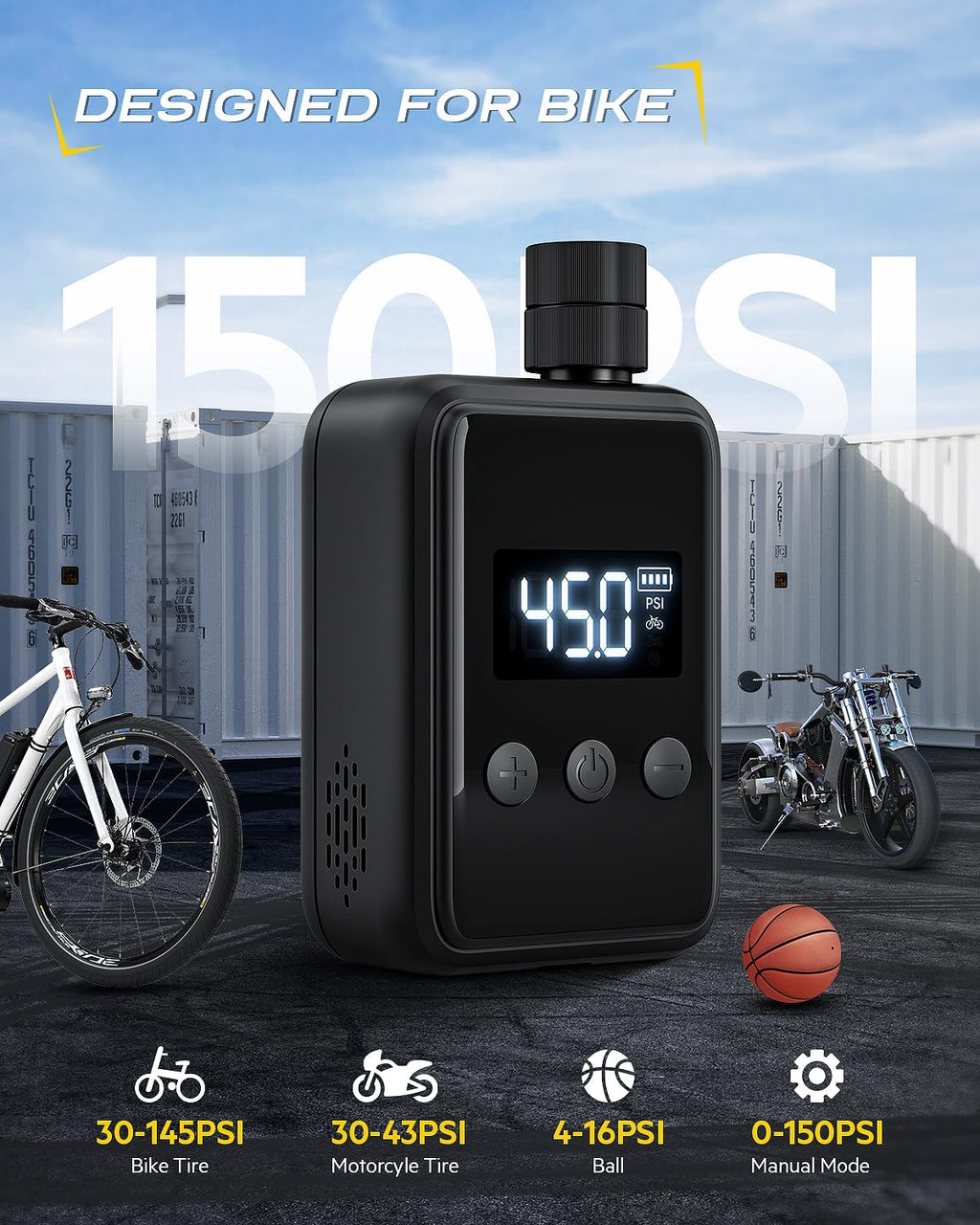150PSI Portable Bicycle Tire Pump with Pressure Gauge LCD Display R998799