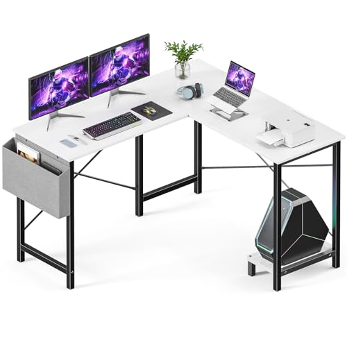 Black L Shaped Computer Desk with Wooden Desktop CPU Stand Side Bag G419799