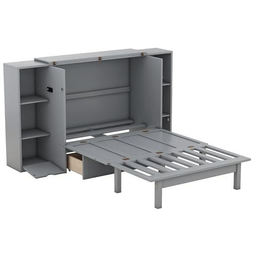 Queen Size Murphy Bed with Storage 2 Drawers and Shelves H65523