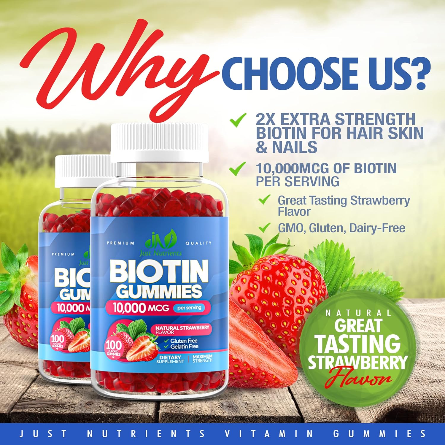 Biotin 10,000mcg Gummies, 100 Count, Strawberry Flavor K24618