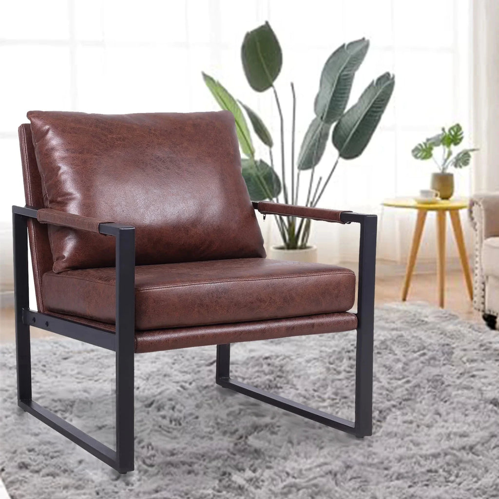 Brown Faux Leather Accent Chair with Metal Frame H701
