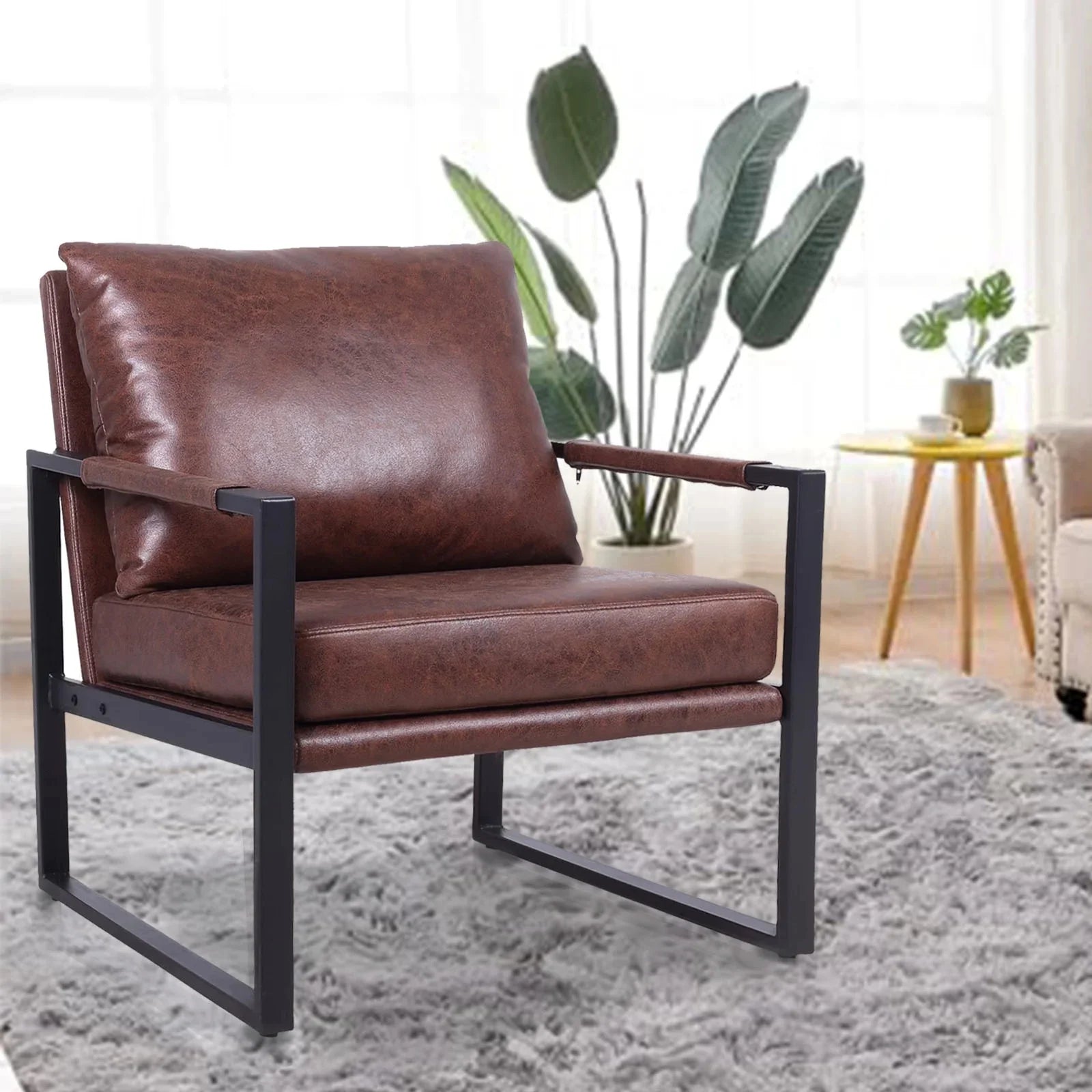 Brown Faux Leather Accent Chair with Metal Frame H701