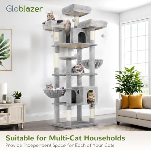 82-inch XXL Tall Cat Tree with Scratching Post, 3 Perches, 2 Condos, 2 Hanging Baskets, Light Grey O3725