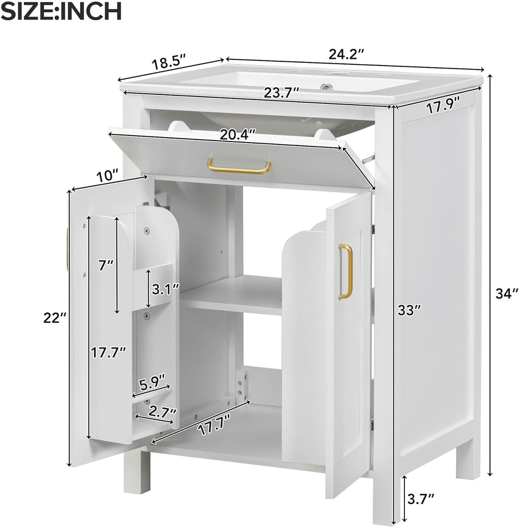 White 24" Bathroom Vanity with Sink, 2 Doors and Drawer E7385