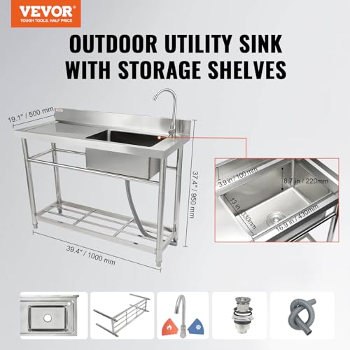 Stainless Steel Utility Sink, 1 Compartment Free Standing Small Sink with Workbench Faucet and Legs, 39.4 x 19.1 x 37.4 in Commercial Single Bowl Sink T22652