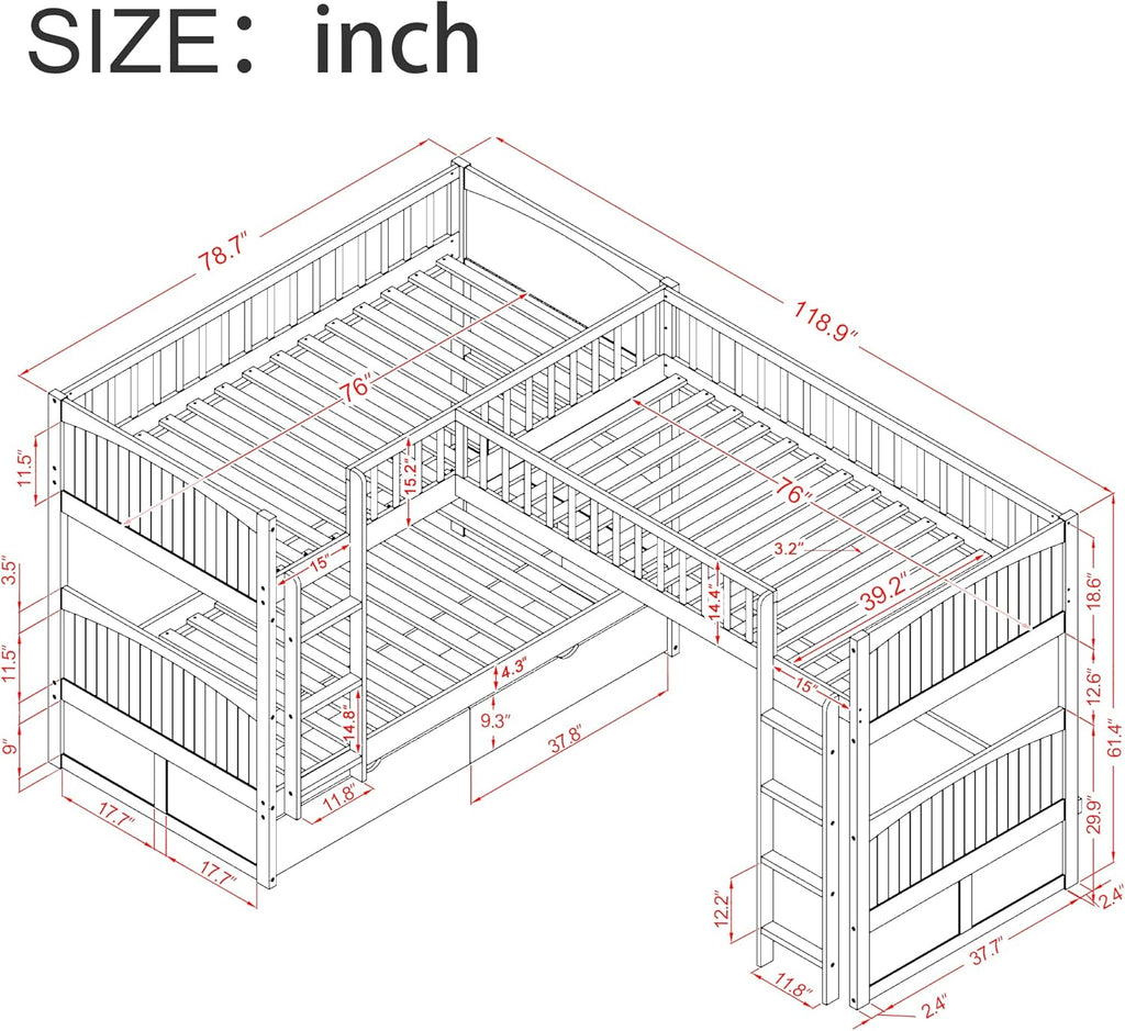 White Triple Loft Bunk Bed with 2 Drawers Y3713
