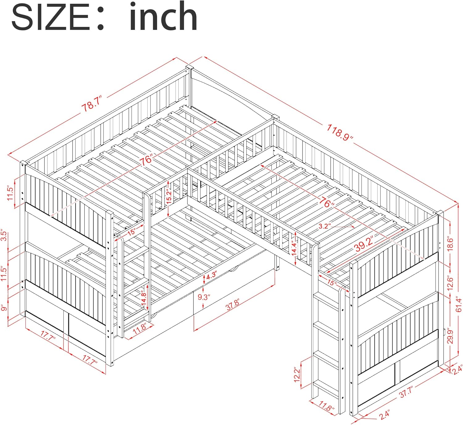 White Triple Loft Bunk Bed with 2 Drawers Y3713