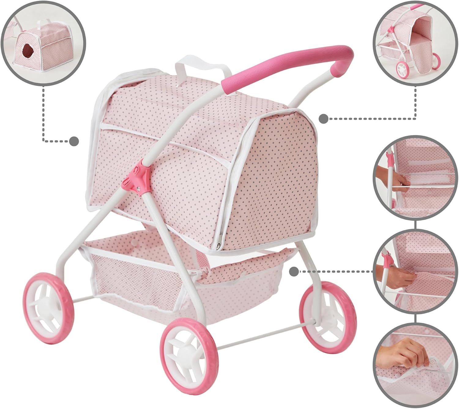 Pink/Gray Doll Stroller with Detachable Pet Carrier M538