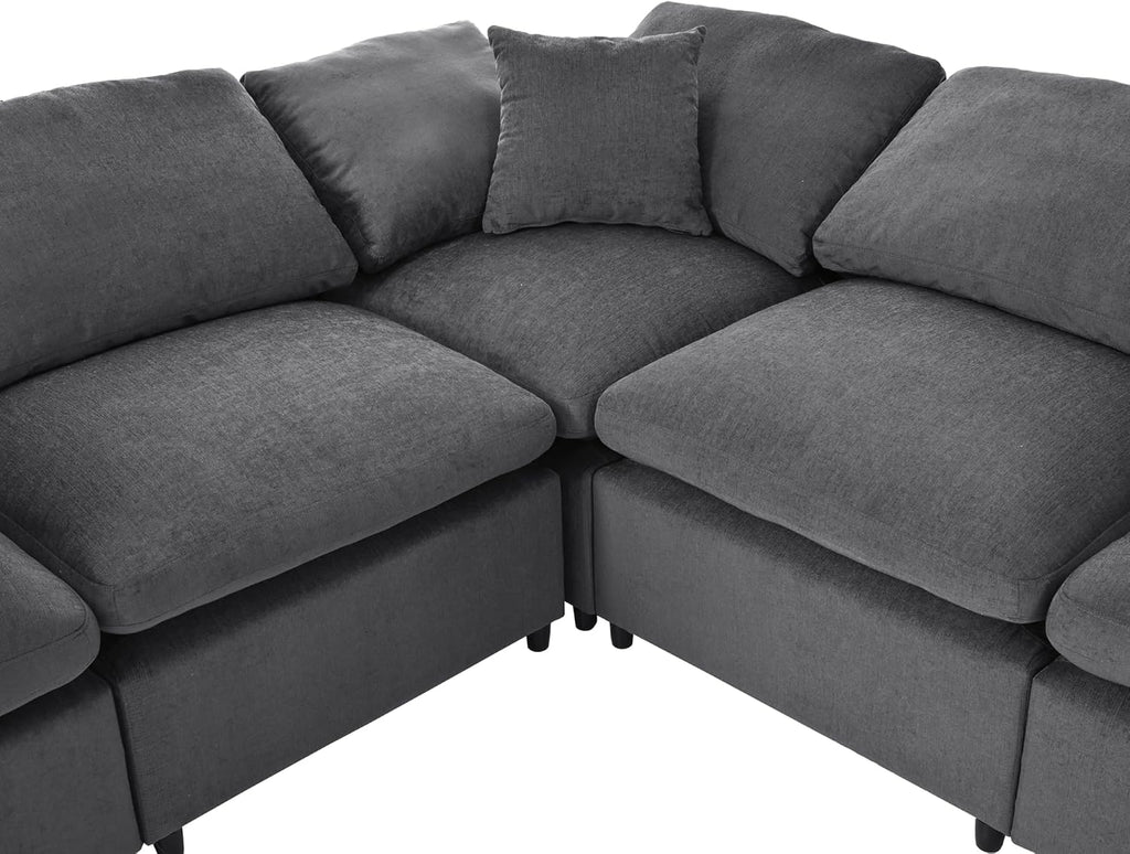 Deep Seat Convertible Modular Sectional Sofa with Movable Ottoman, Oversized Corner Couch with Throw Pillows, 7 Seater Polyester Upholstery Sofa N22971