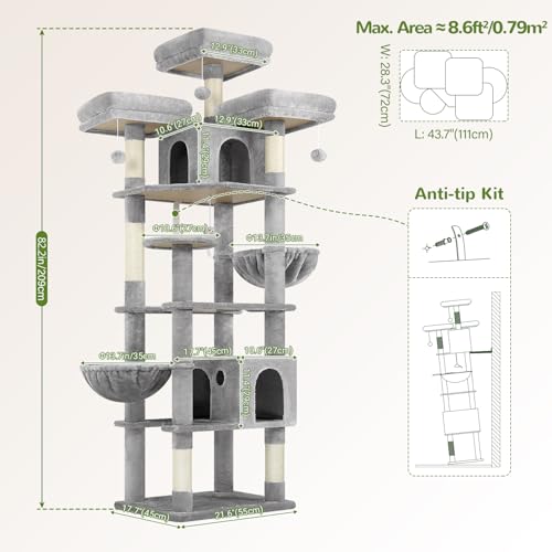 82-inch XXL Tall Cat Tree with Scratching Post, 3 Perches, 2 Condos, 2 Hanging Baskets, Light Grey O3725