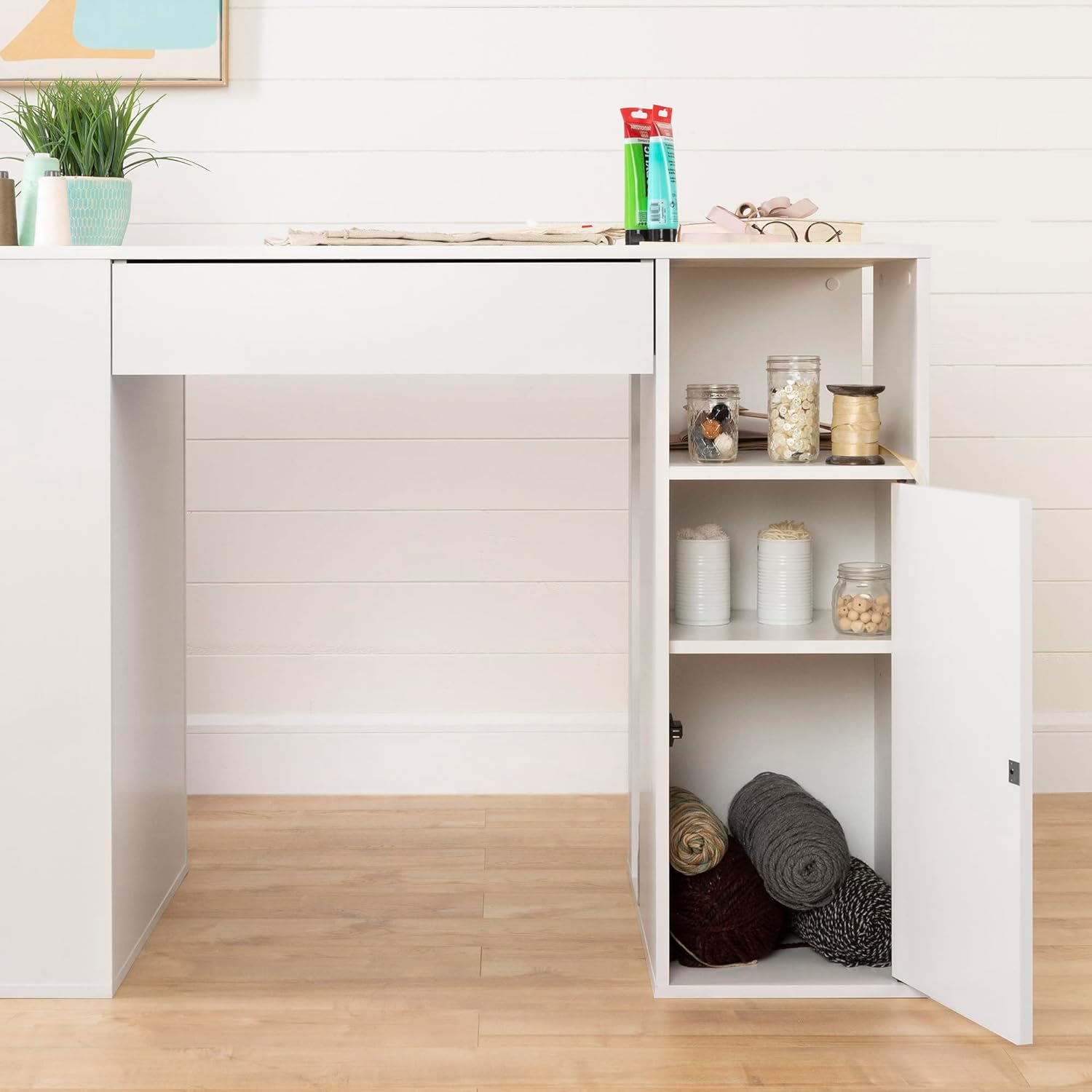 Pure White Counter-Height Craft Table with 4 Baskets S1517