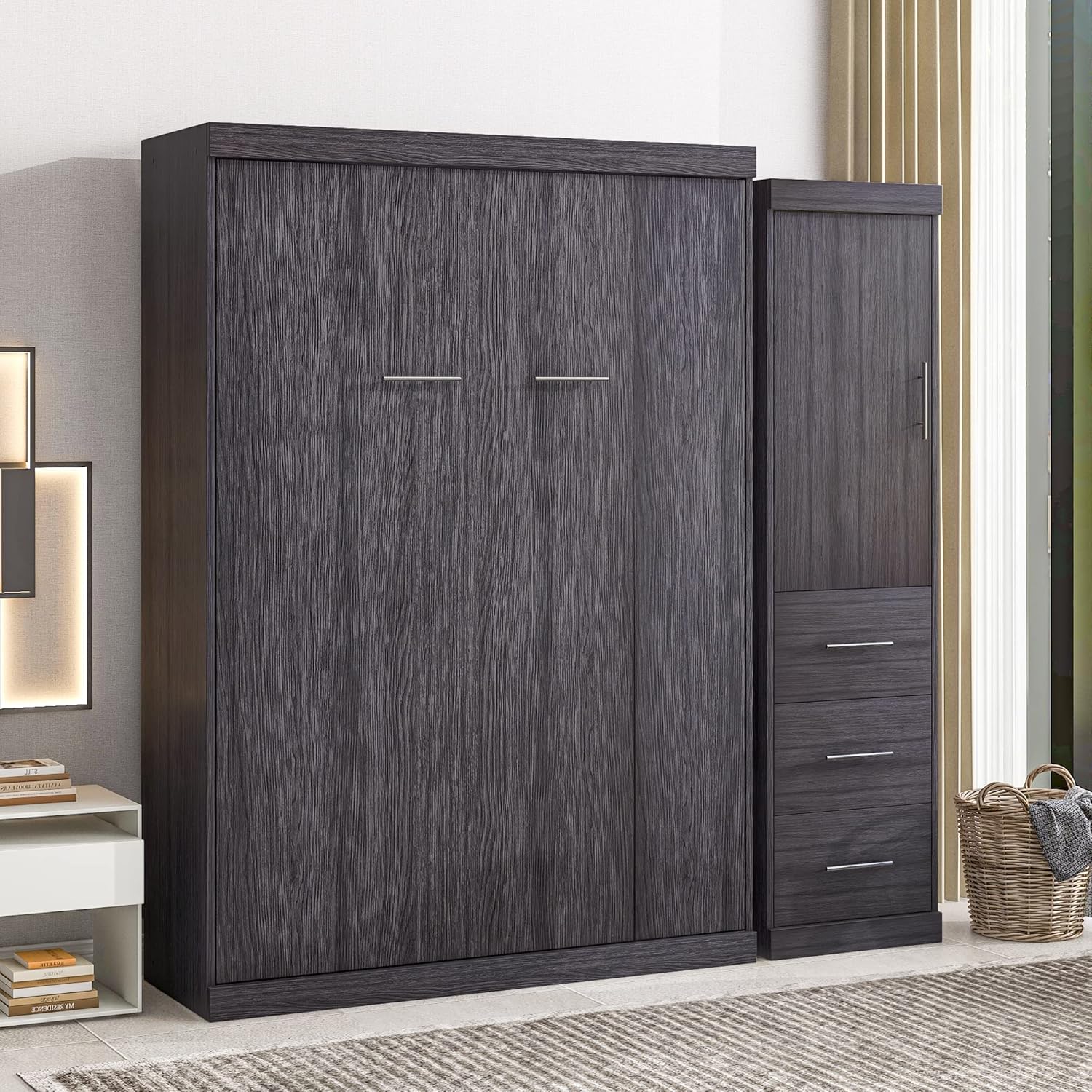 Full Size Wood Murphy Bed with Wardrobe and Drawers F173