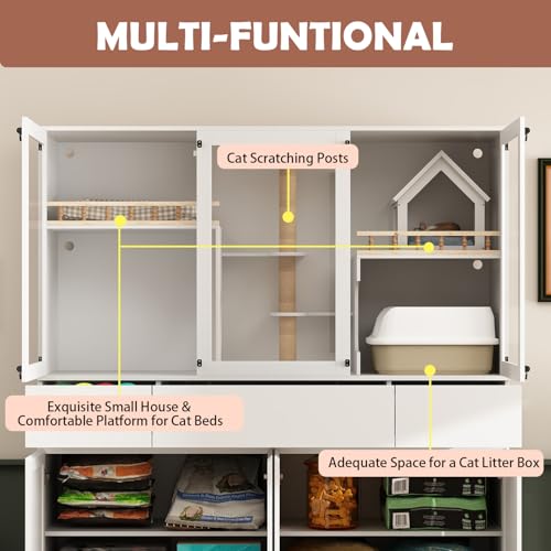 White Cat Litter Box Enclosure with Scratch Post, Stairs, Storage Drawers, Shelves, Sisal Doors S139254