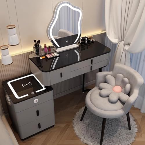 Vanity Mirror with Lights and Desk, Round 3-Colors Lights, with Cushioned Stool, with 2 Drawers and Storage Shelves, Glass Table Top Y830916