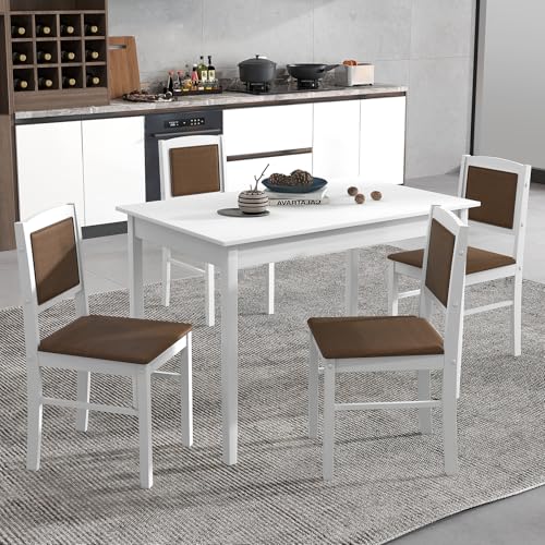5-Piece Rectangular Dining Table Set with 4 Chairs, Solid Wood Legs, Padded Seat & Backrest, White K50368