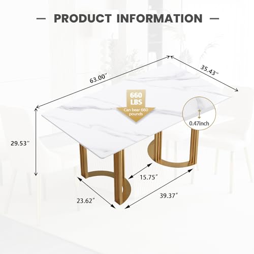 63" White Marble Dining Table with Gold Trestle Pedestal R774533