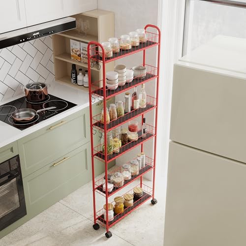 Red 6-Tier Wire Rolling Storage Cart with Wheels J489983