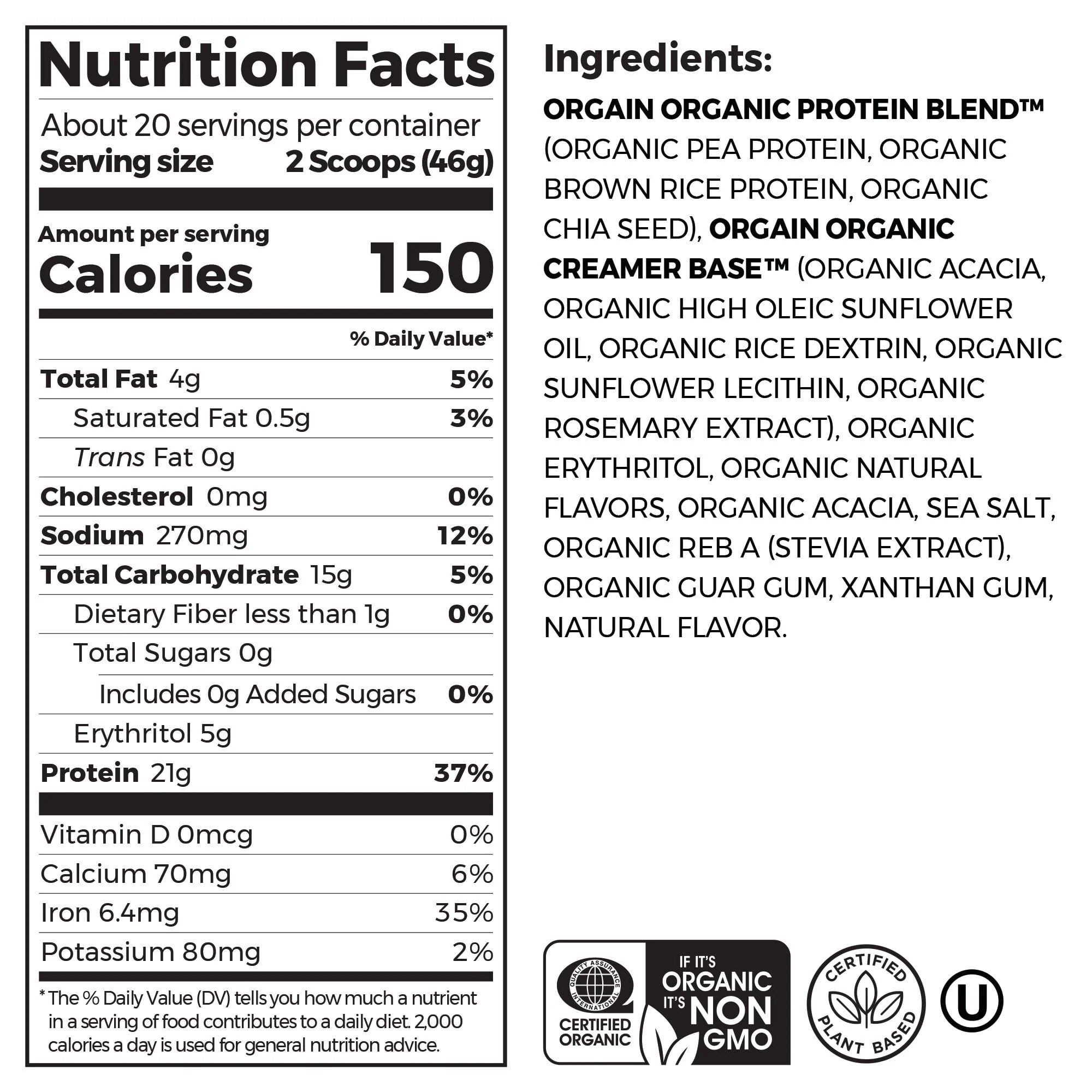 21g Organic Vegan Plant Based Vanilla Bean Protein Powder Z12294