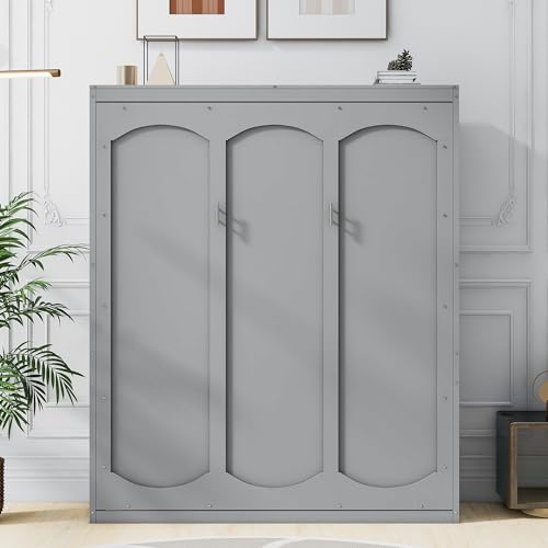 Queen Size Gray Murphy Bed with Storage Shelves O881363