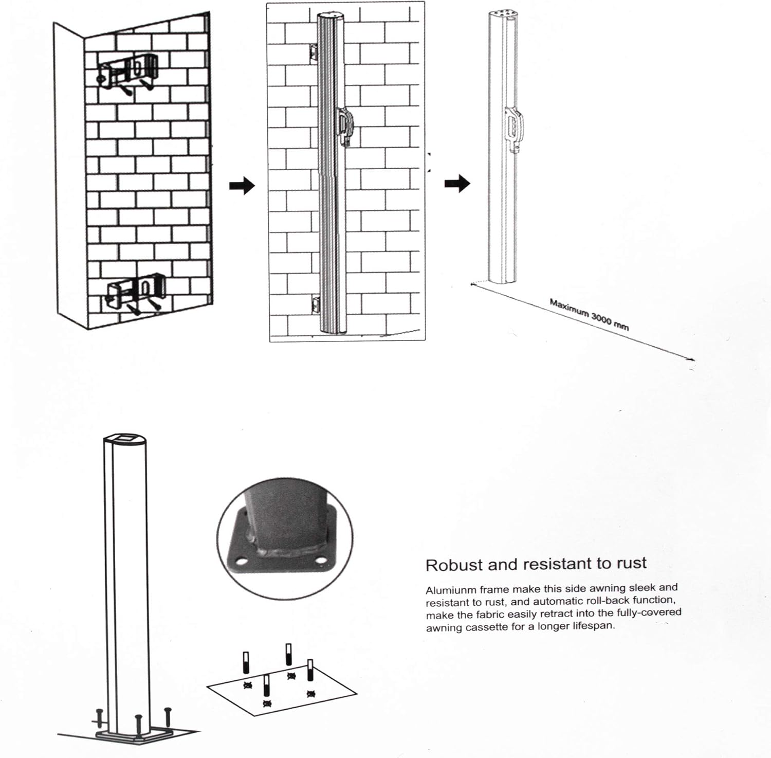 Grey Retractable Waterproof Sun Shade Screen Room Divider with Aluminium Pole (118" L x 78.7" H) L325986