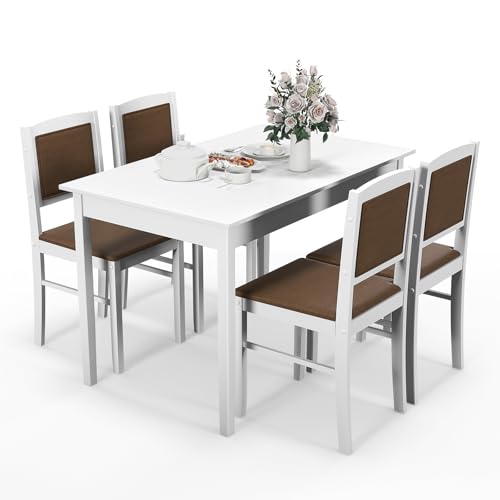 5-Piece Rectangular Dining Table Set with 4 Chairs, Solid Wood Legs, Padded Seat & Backrest, White K50368
