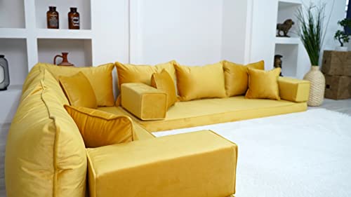 L Shaped Velvet Yellow Floor Couch with Ottoman and Pillows N5344