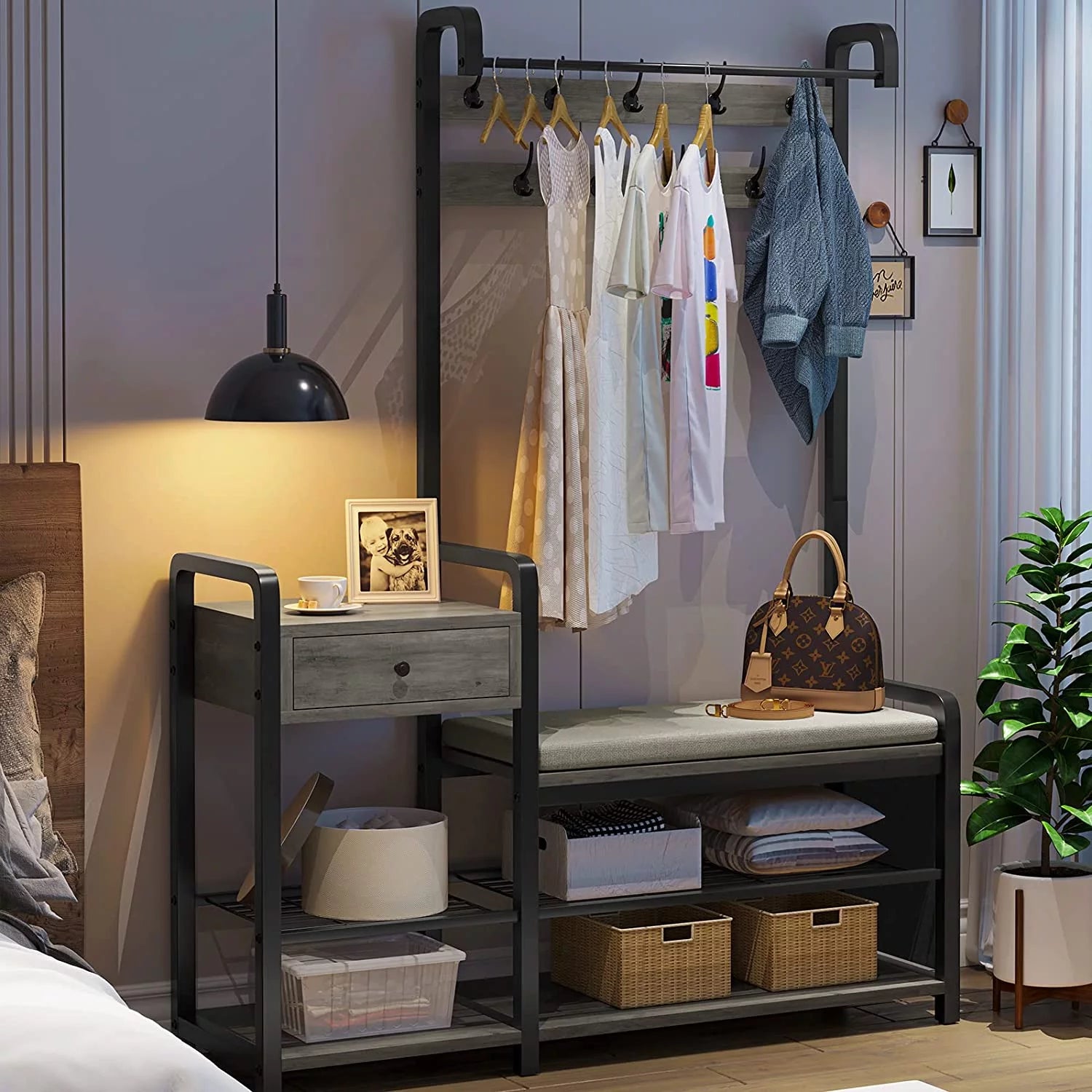 Oak Grey Hall Tree with Storage P8837